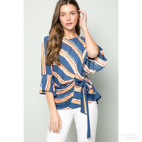 🥰LAST 1! Woven Striped Front Tie Ruffle Top! - Picture 3 of 5